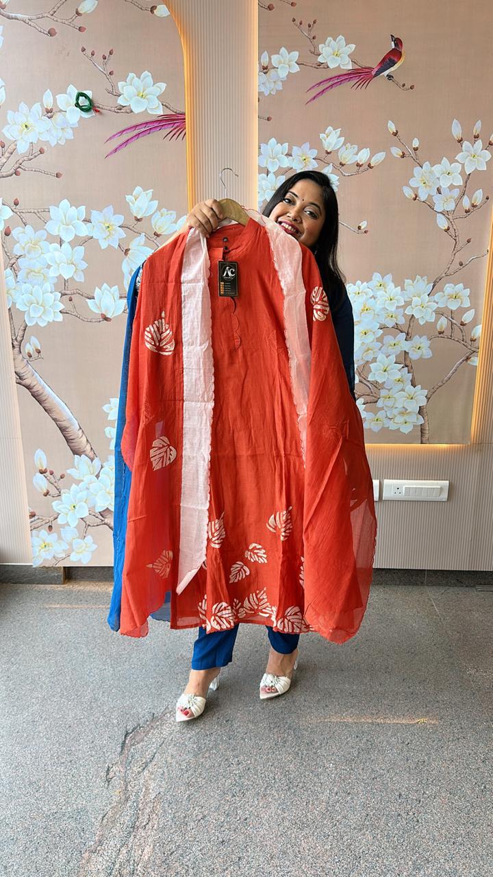 Smart n designer pure appliqué work Mul Chanderi suit set in rust