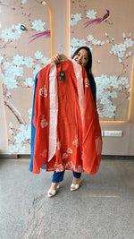 Smart n designer pure appliqué work Mul Chanderi suit set in rust