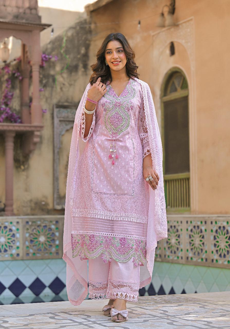 Designer cotton net suit set in pink