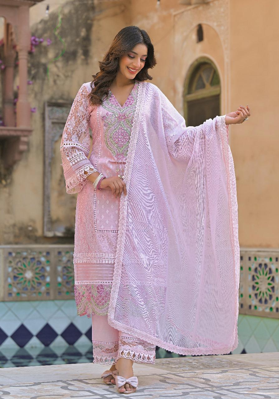 Designer cotton net suit set in pink