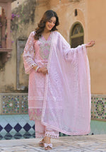 Designer cotton net suit set in pink