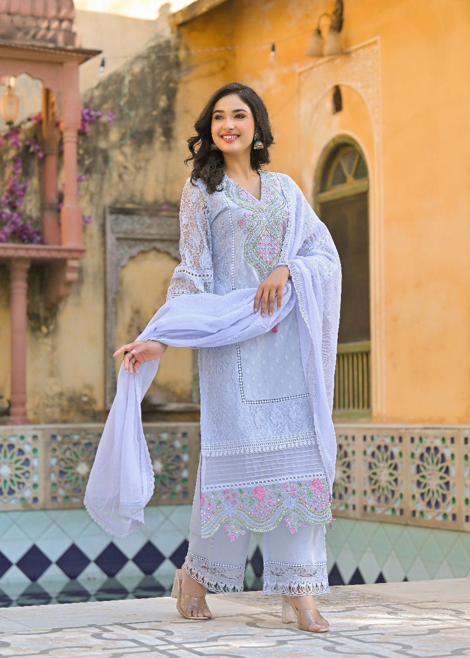 Designer cotton net suit set in blue