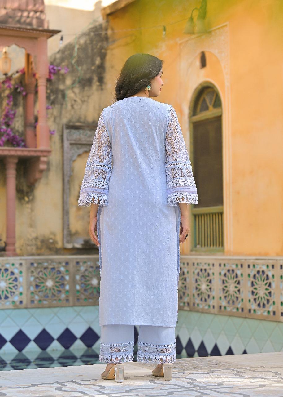 Designer cotton net suit set in blue