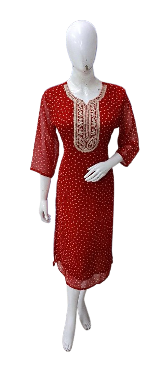 Pretty georgette Zari embroidered lining kurta in red (comfort fit)