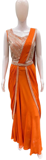 Pure chinon designer saree in rust