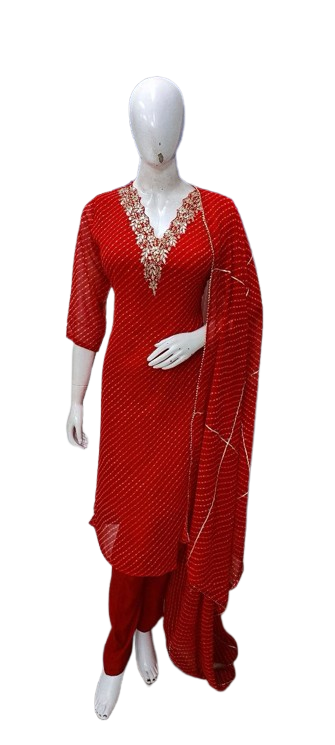 Pretty georgette V neck lining suit set (slight slim fit) in red