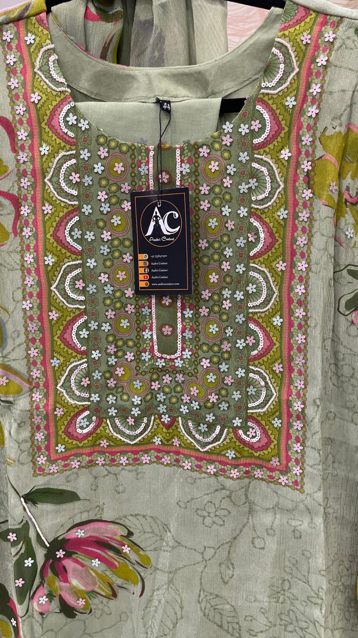 Heavy chinon tissue digital printed floral suit set in green