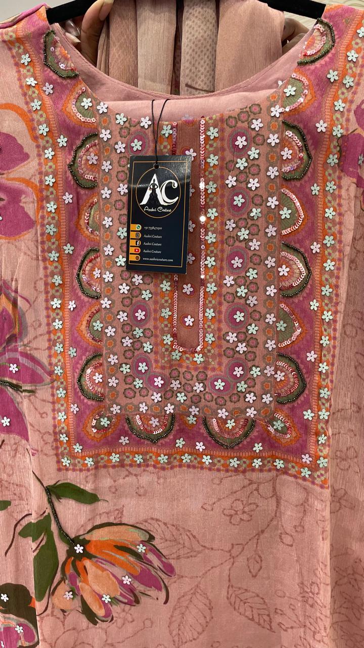 Heavy chinon tissue digital printed floral suit set in pink