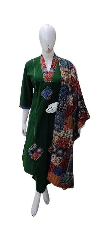 Cotton appliqué suit set in green