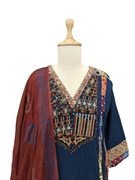 Pretty ajrakh cotton full suit set in blue