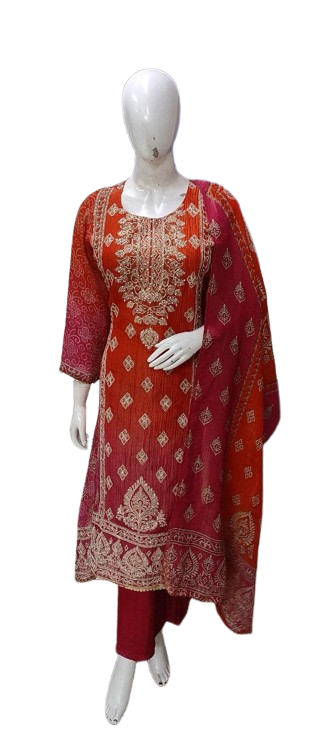 Smart crushed shimmer ombré effect full suit set in pink n rust