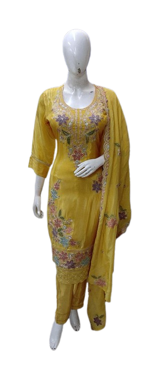 Pure crepe appliqué work suit set in yellow