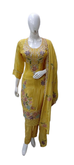 Pure crepe appliqué work suit set in yellow