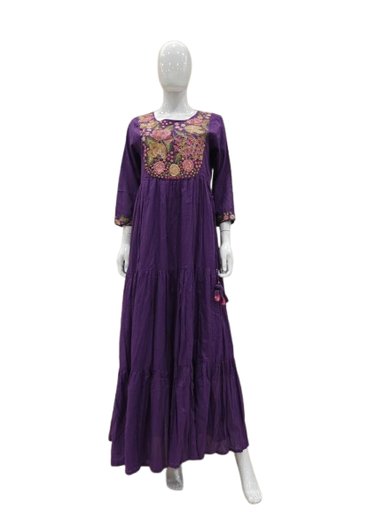 Pretty cotton embroidered lining gown in purple