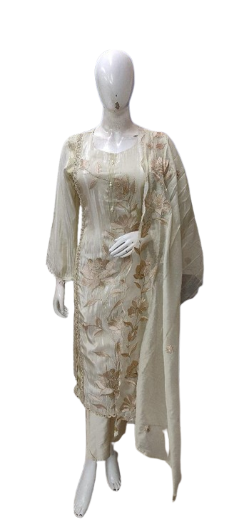 Appliqué work full suit set in ivory