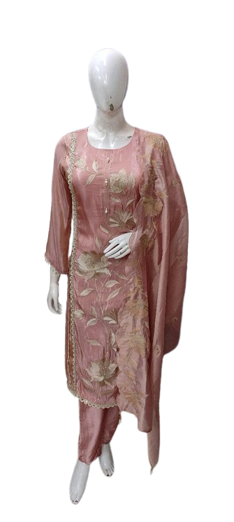 Appliqué work full suit set in pink