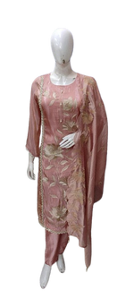 Appliqué work full suit set in pink