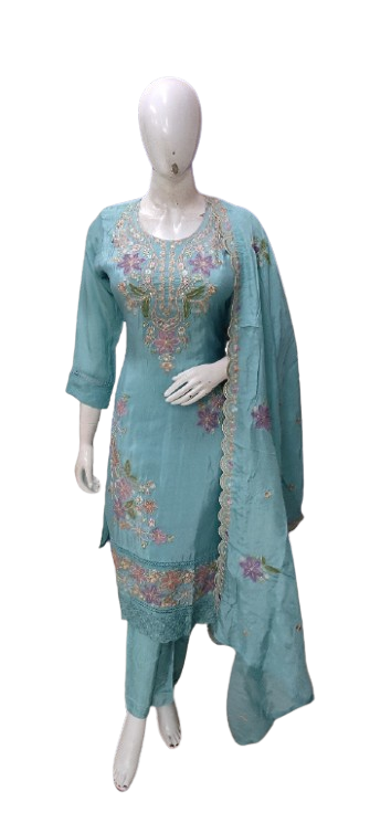 Pure crepe appliqué work suit set in blue