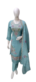 Pure crepe appliqué work suit set in blue