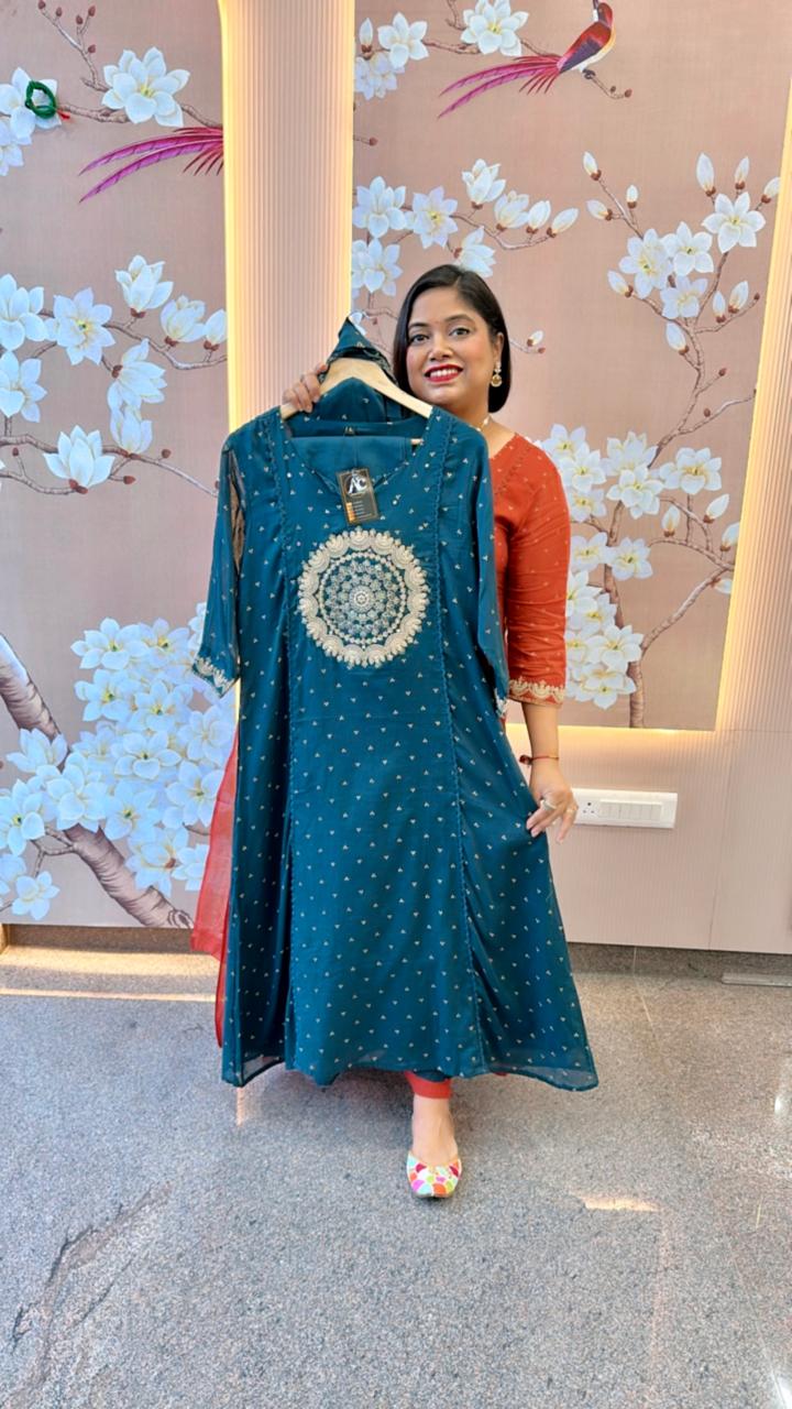 Restocked! Pure Mul cotton zari embroidered full suit in Rama Green