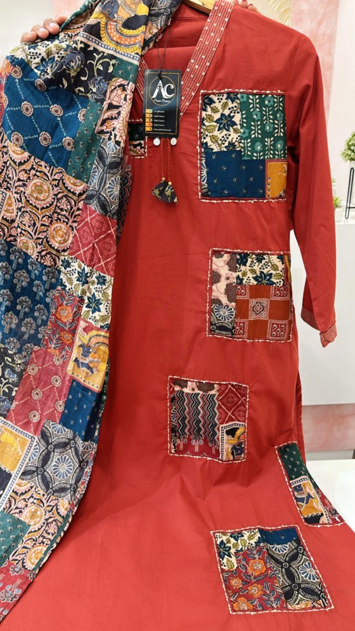 Cotton ajrakh red full suit set
