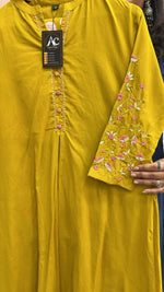 Pure cotton designer back and hand embroidered full suit in yellow