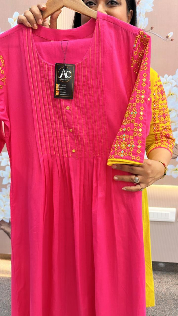Designer sleeves Rani pink super soft cotton kurta pant