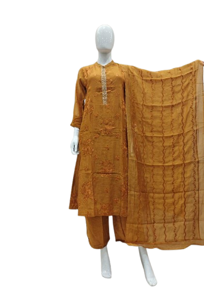 Appliqué work Mul Chanderi suit set