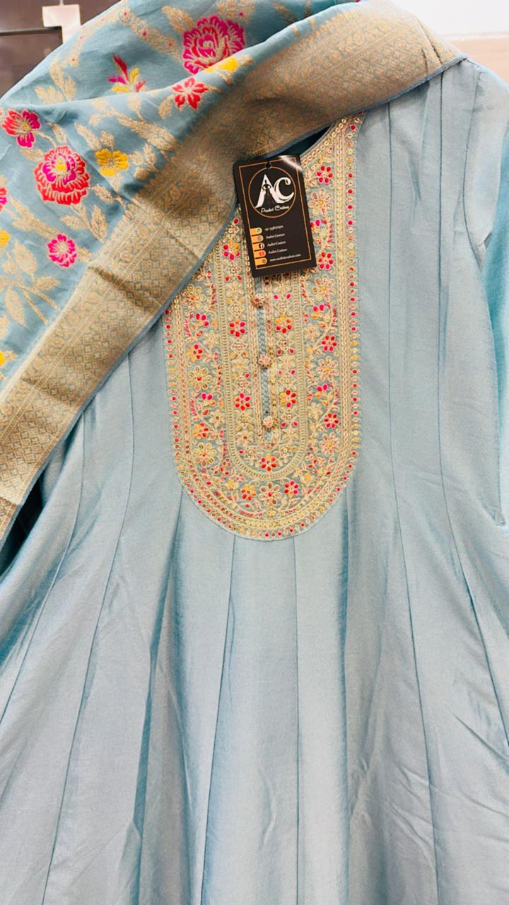 Shoulder silk Anarkali paired with meenakari Banarasi dupatta