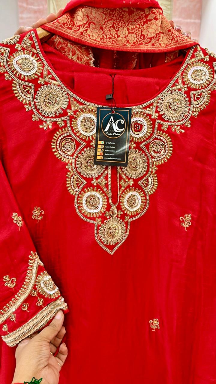 Dola silk Zari detailing Banarasi suit set red 