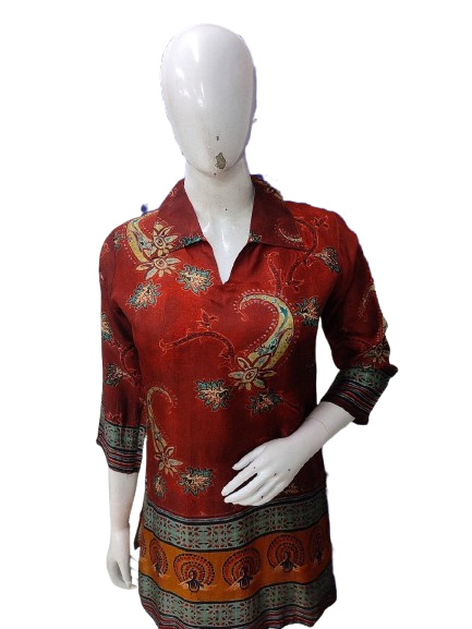 Red digital silk short top