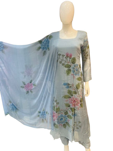 Best seller added in new colour! Premium pure chinon brush painted suit set