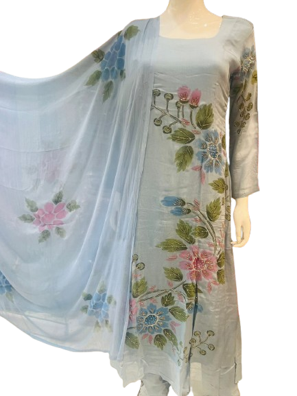 Best seller added in new colour! Premium pure chinon brush painted suit set