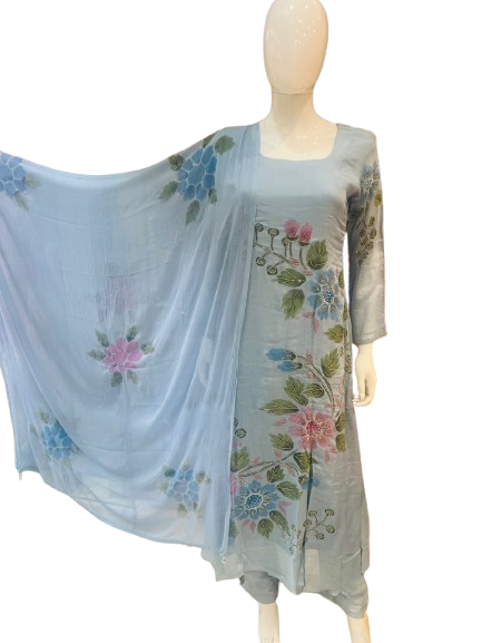 Best seller added in new colour! Premium pure chinon brush painted suit set