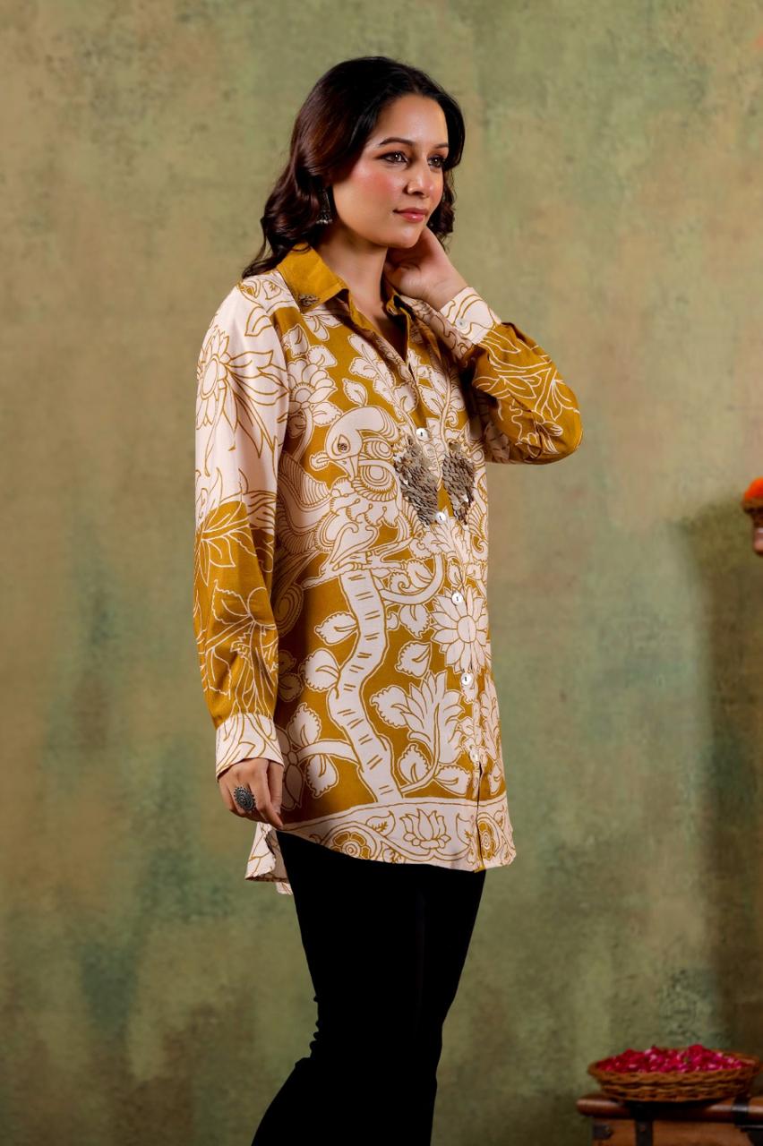 Pure crepe embellished shirt in yellow