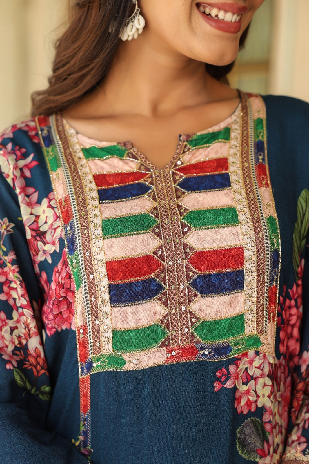 Mul silk digital printed with pretty hand work on yoke co ord