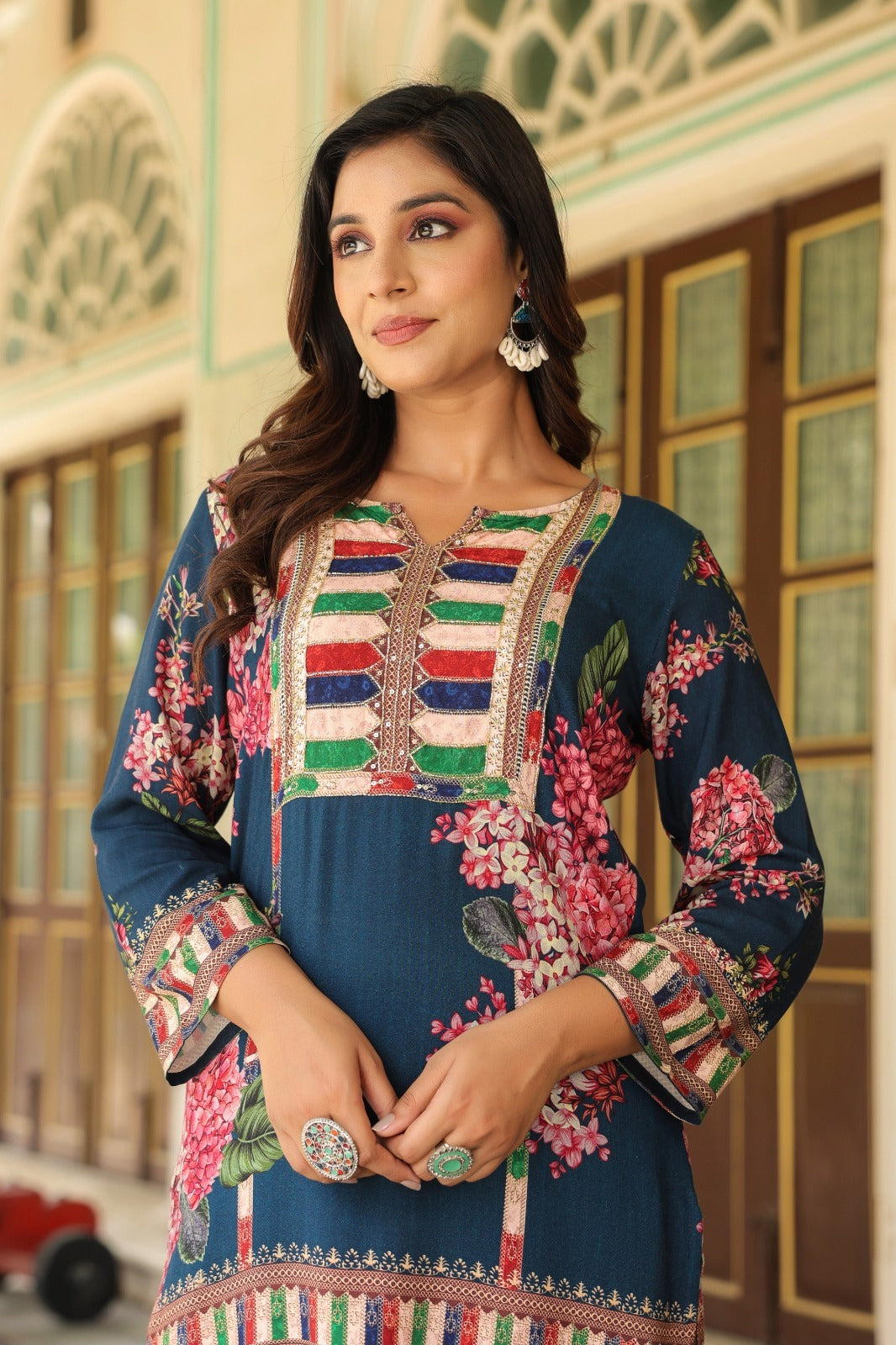 Mul silk digital printed with pretty hand work on yoke co ord
