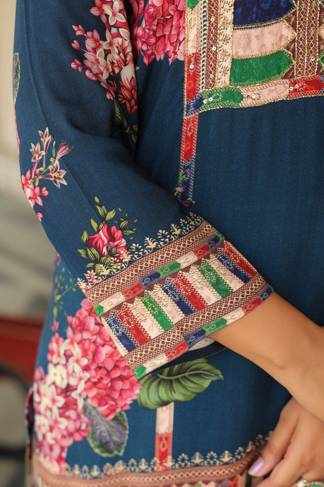 Mul silk digital printed with pretty hand work on yoke co ord