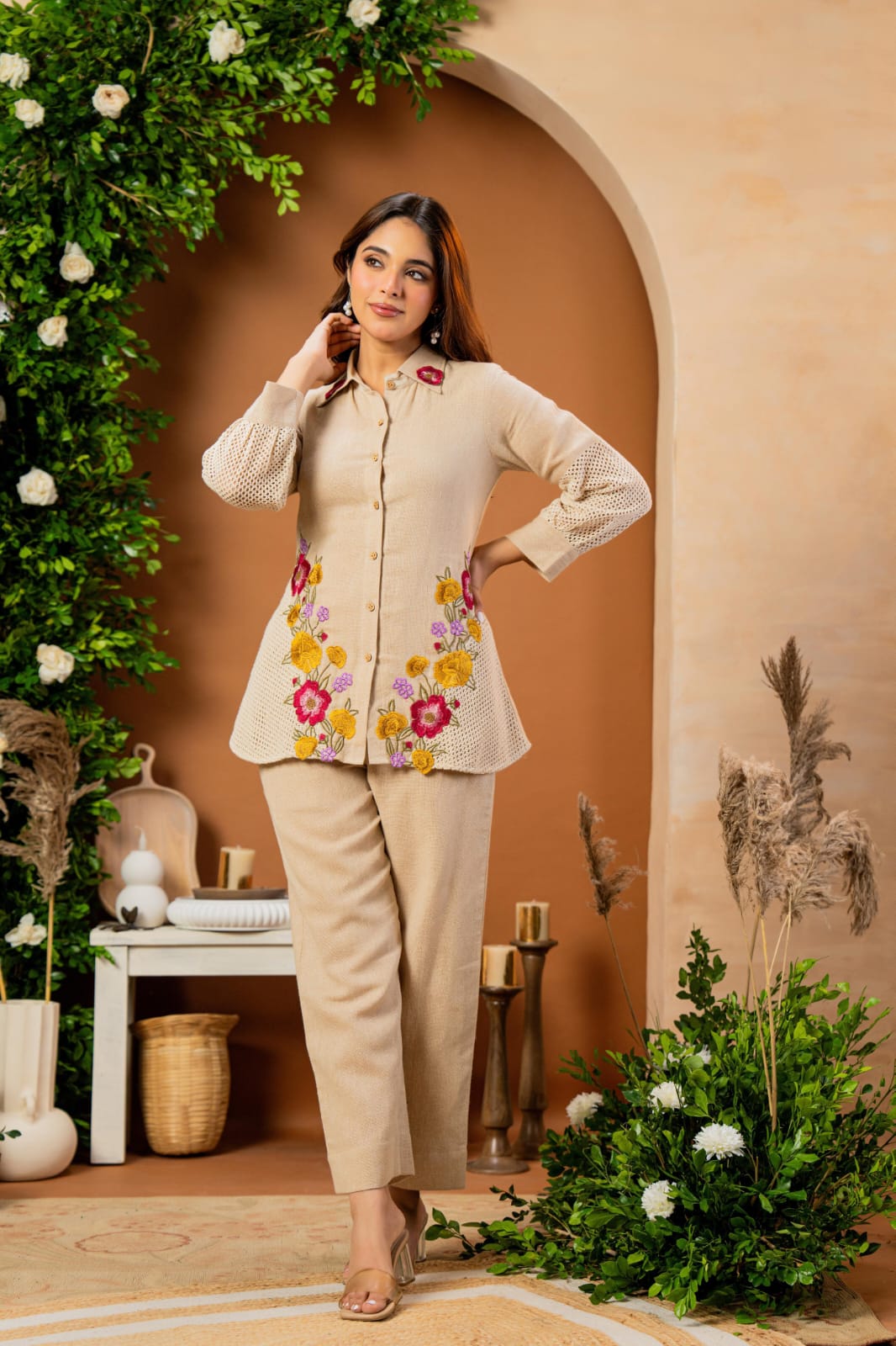 Jute cotton appliqué work co ord set