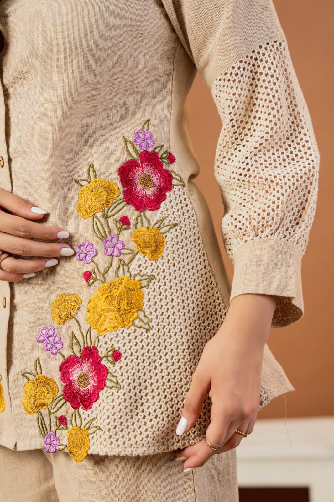 Jute cotton appliqué work co ord set