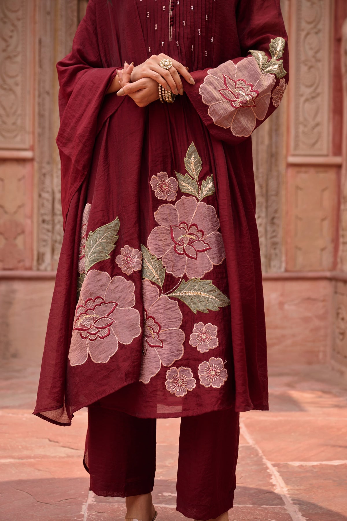 Smart appliqué work Mul Chanderi suit set