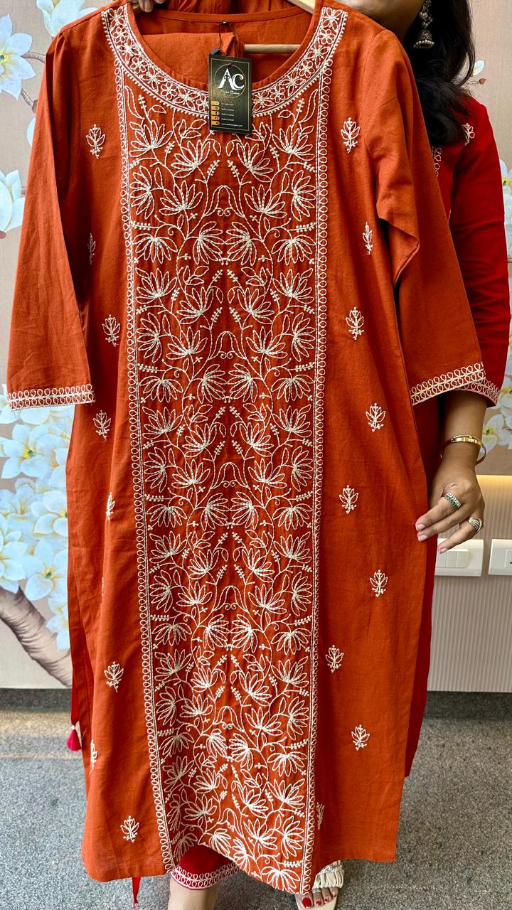 Pretty pure cotton embroidered full suit in rust
