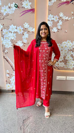 Pretty pure cotton embroidered full suit in red