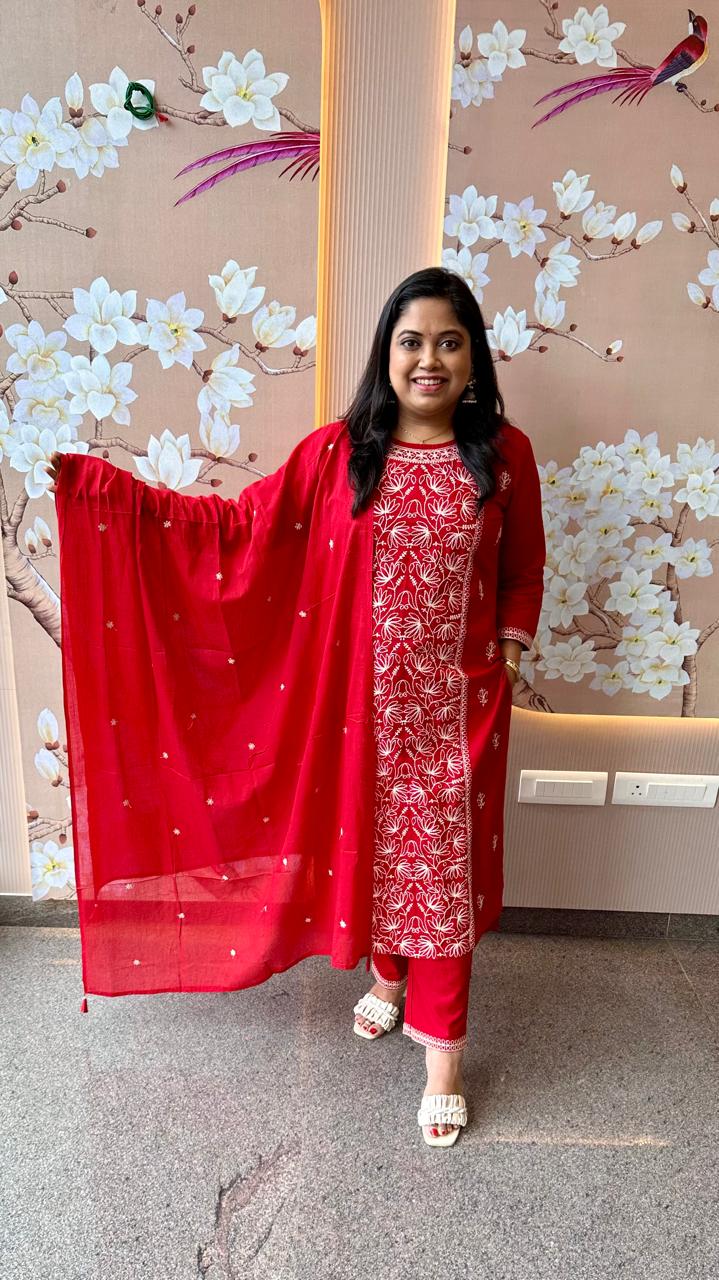 Pretty pure cotton embroidered full suit in red