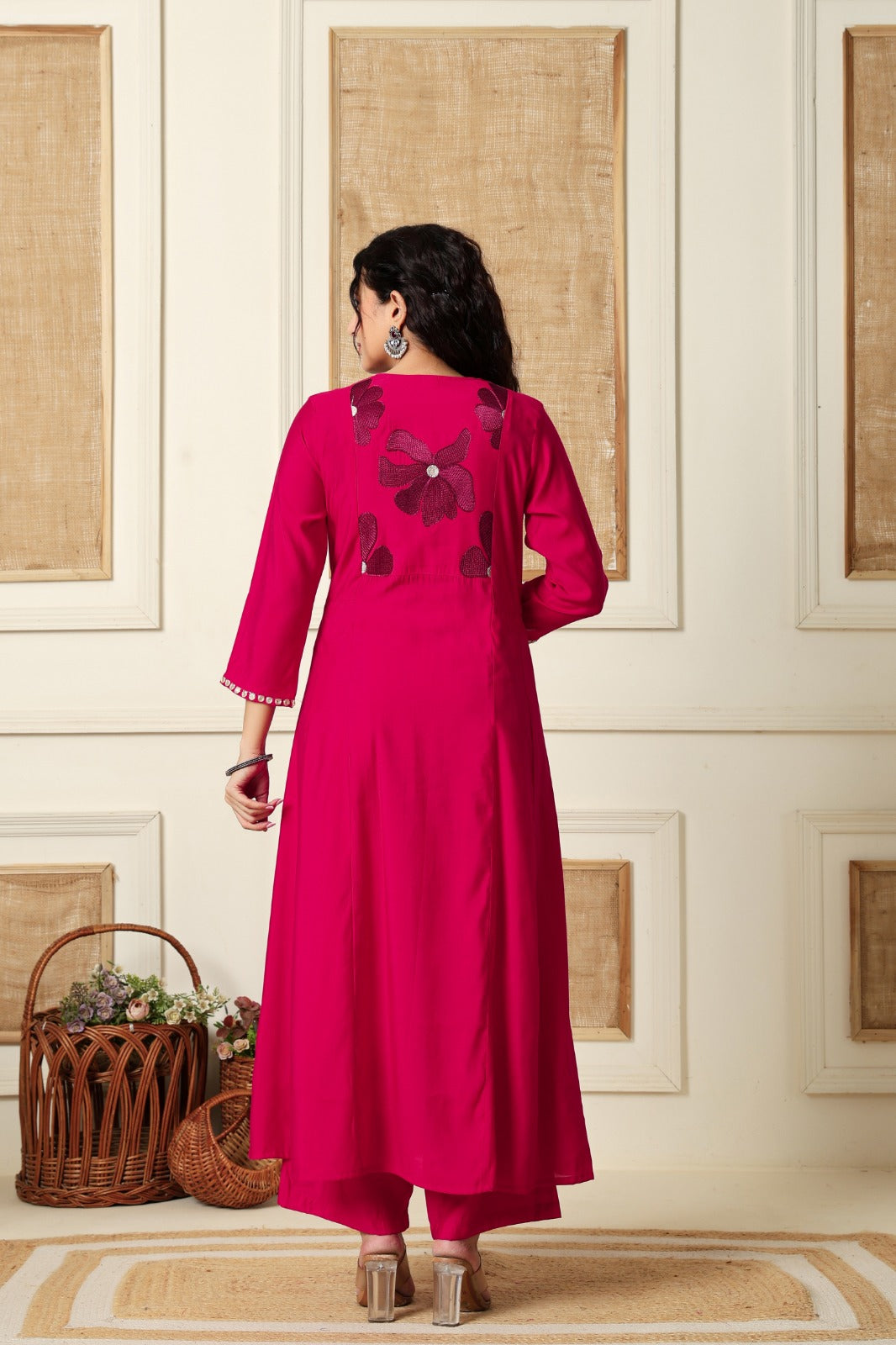 Modale embroidered designer back kurta pant in pink