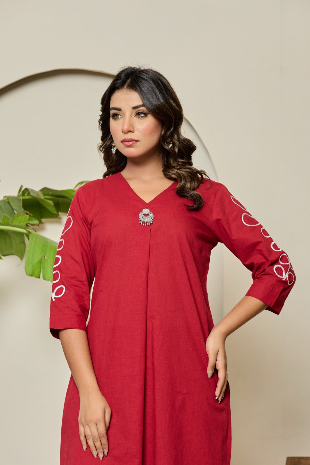 Pure cotton embroidered kurta pant in maroon