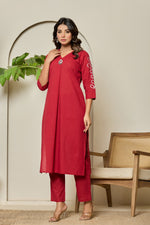 Pure cotton embroidered kurta pant in maroon