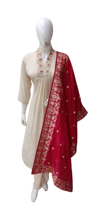 Pretty chinon suit paired with Banarasi dupatta