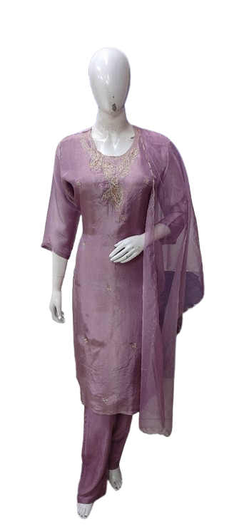 Tissue suit set with hand work Lilac