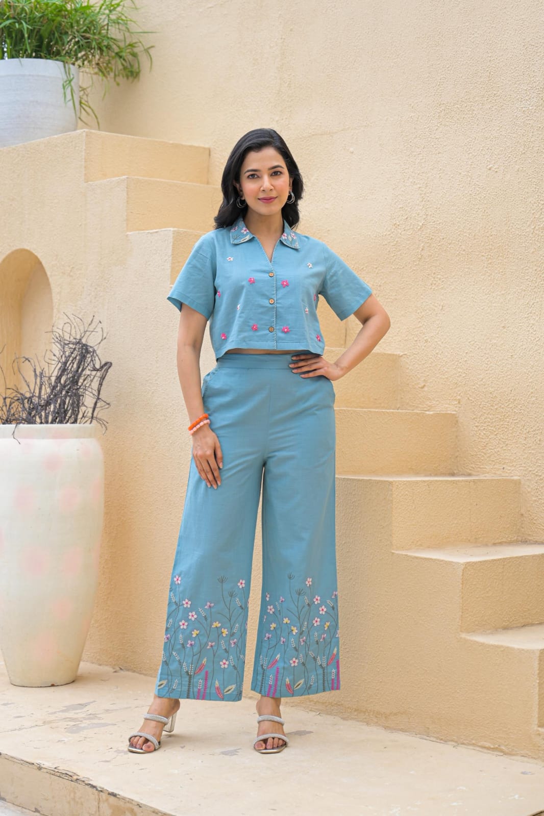 Pretty cotton embroidered blue co ord set